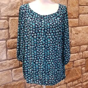 LOFT Pullover Blouse Floral Size Large turquoise and navy long sleeve  flowy Top